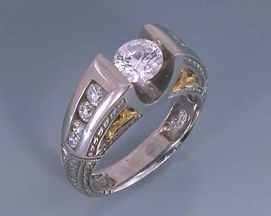 Platinum and Yellow Gold engraved tapered euro shank Alex Gulko custom antique diamond engagement ring