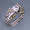 Platinum and Yellow Gold engraved tapered euro shank Alex Gulko custom antique diamond engagement ring