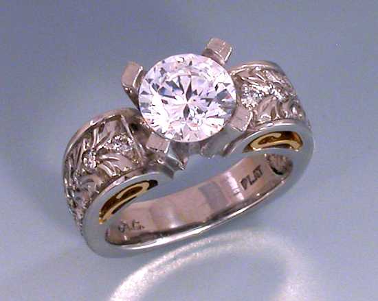 Platinum filigree and engraved wide euro shank Alex Gulko custom antique diamond engagement ring