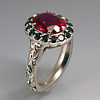 Two tone 14K gold lab-grown ruby halo setting with intricate hand engraving engagement ring