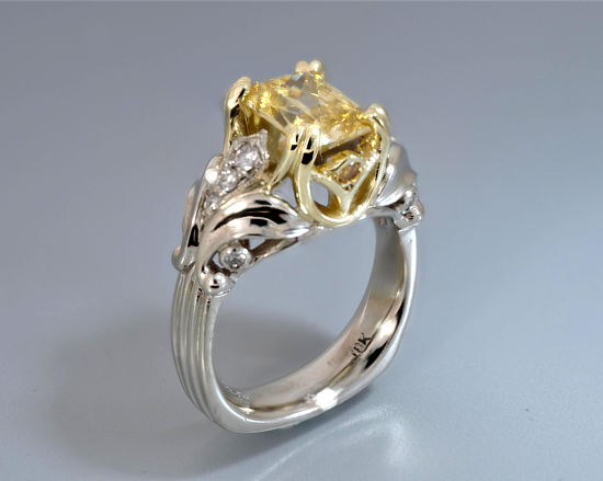 White and yellow gold Victorian cathedral floral wide euro shank Alex Gulko custom antique engagement ring