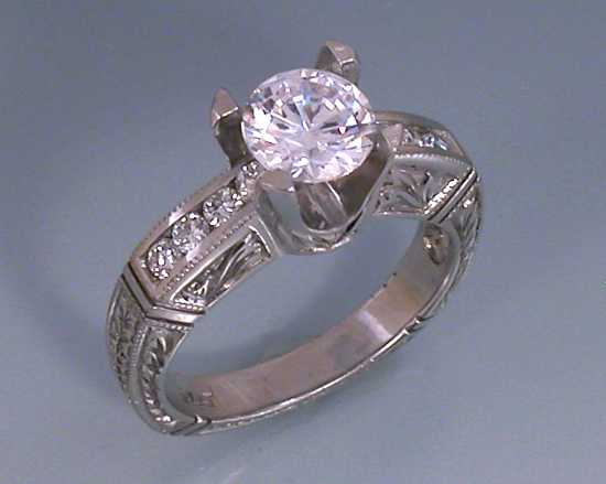 White gold engraved euro shank Alex Gulko custom antique diamond engagement ring