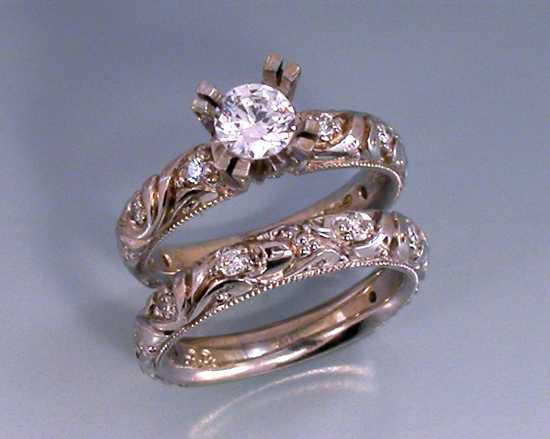 White gold original engraving milgrain euro shank Alex Gulko custom antique diamond engagement wedding ring duo