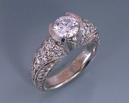 White gold engraved milgrain tapered euro shank Alex Gulko custom antique diamond engagement ring