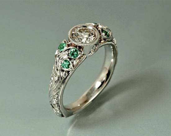 White gold floral engraving milgrain euro shank Alex Gulko custom antique diamond and tourmaline engagement ring