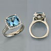 White gold halo diamonds in euro shank Alex Gulko custom antique aquamarine engagement ring 