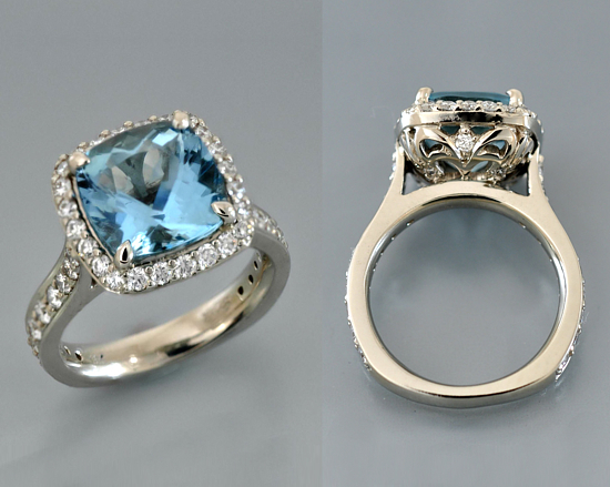 White gold halo diamonds in euro shank Alex Gulko custom antique aquamarine engagement ring 