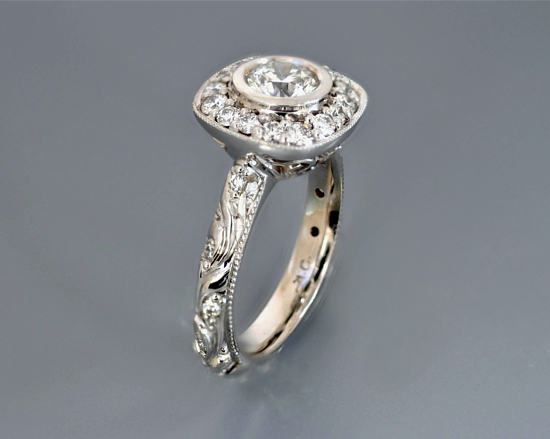 White gold halo original engraving milgrain euro shank Alex Gulko custom antique diamond engagement ring 