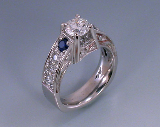 White gold pave wide euro shank Alex Gulko custom antique diamond and sapphire engagement ring