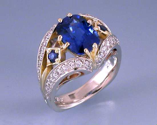 Yellow and White Gold euro shank Alex Gulko custom antique blue sapphire and diamond engagement ring