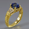 Yellow gold original engraving on euro shank Alex Gulko custom antique sapphire engagement ring 