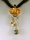 Lew Wackler fancy cut Citrine with white and colored diamonds and Tahitian Black Pearl in 18k white and yellow gold