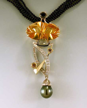 Lew Wackler fancy cut Citrine with white and colored diamonds and Tahitian Black Pearl in 18k white and yellow gold