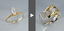 Custom white and yellow gold contemporary engagement ring with marquis and round diamonds